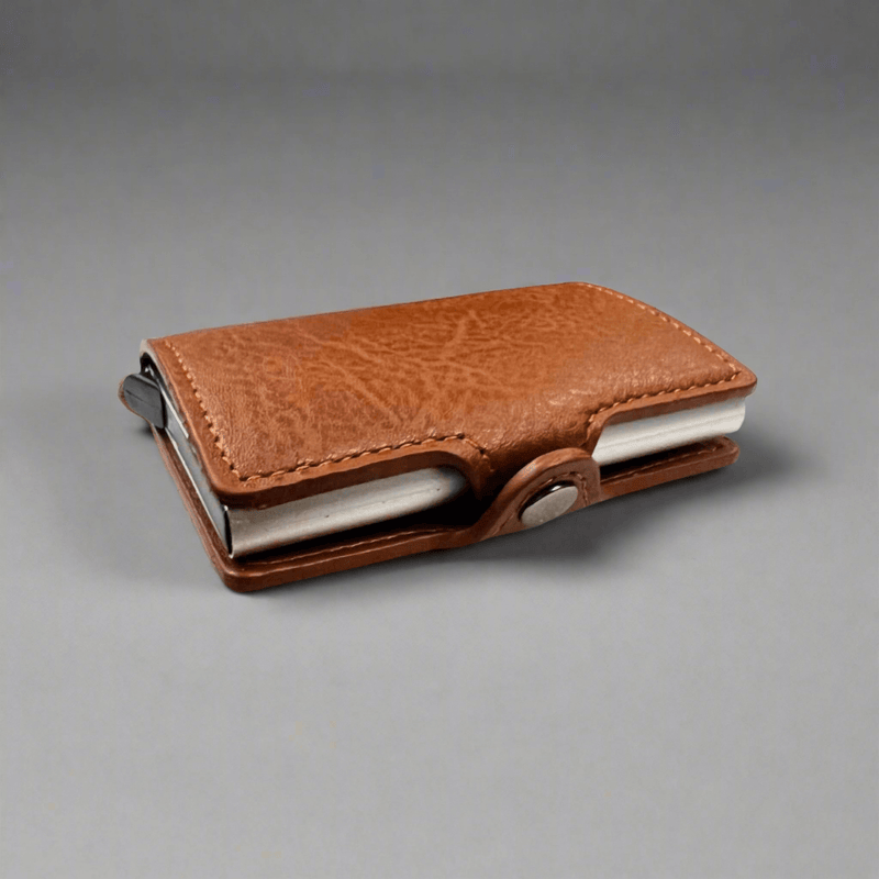 Sleekfolio RFID - Button Card holder & Wallet | PU Leather Pop up Card Holder & Wallet | Brown Color | Side Button Closure | Upto 8 Cards | Upto 5 Bank Notes