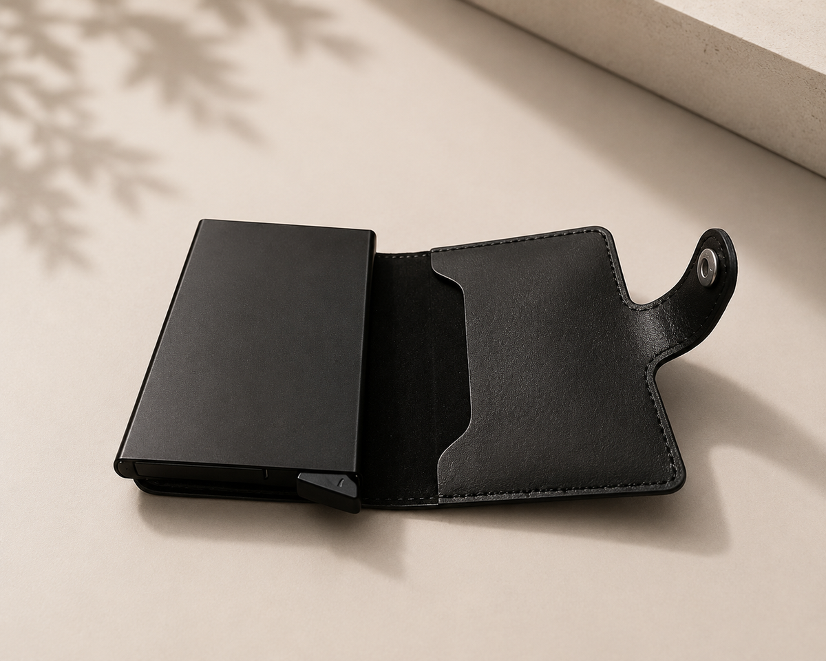 Sleekfolio-Strap RFID Card holder-Black PU leather