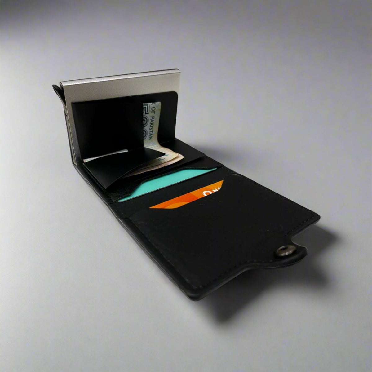 Sleekfolio RFID - Button Card holder & Wallet | PU Leather Pop up Card Holder & Wallet | Inside View with Cash Slot | Side Button Closure | Upto 8 Cards | Upto 5 Bank Notes