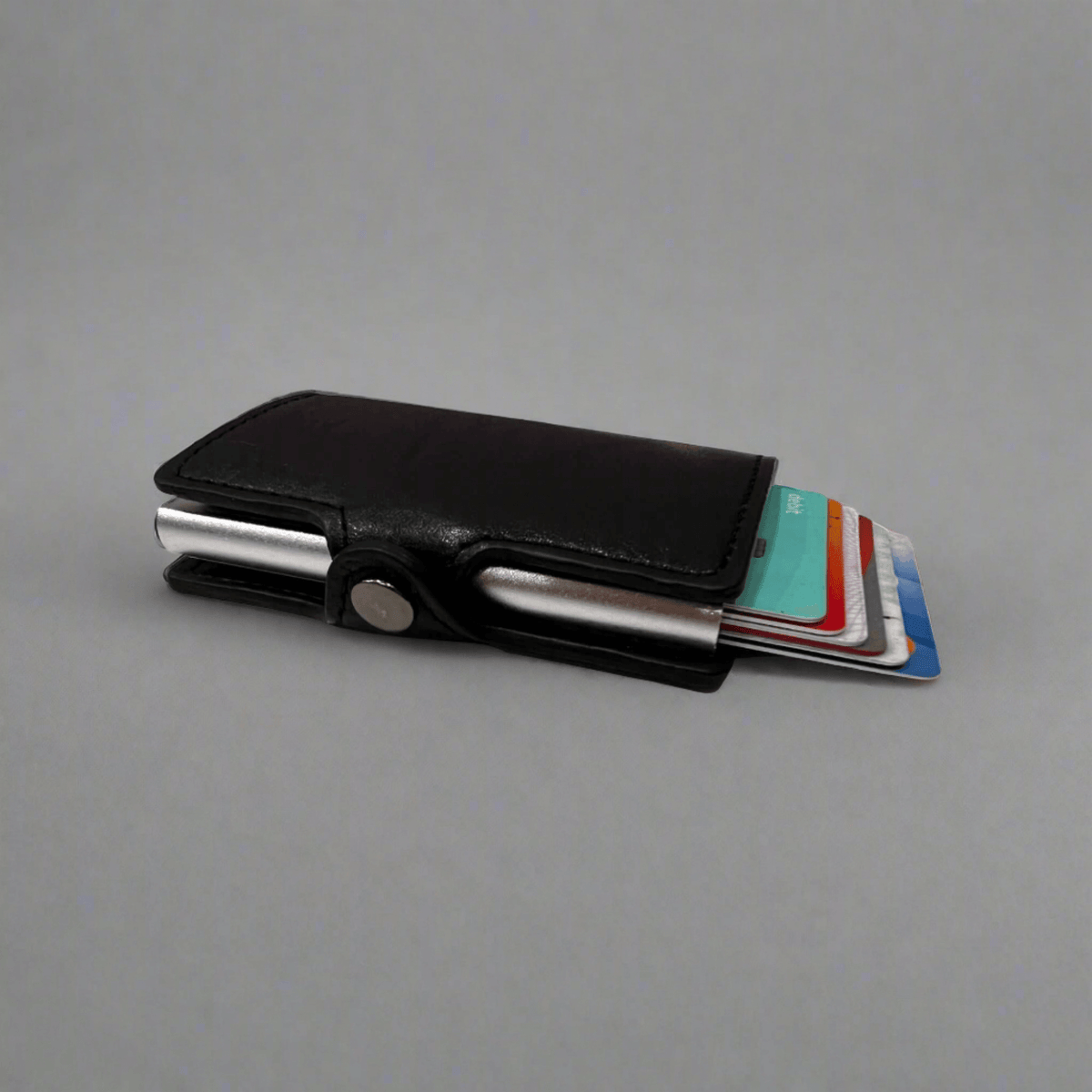 Sleekfolio RFID - Button Card holder & Wallet | PU Leather Pop up Card Holder & Wallet | Side View | Side Button Closure | Upto 8 Cards | Upto 5 Bank Notes