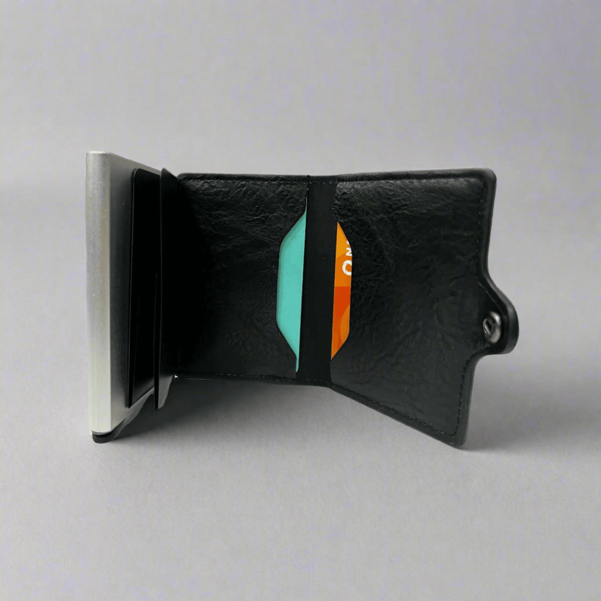 Sleekfolio RFID - Button Card holder & Wallet | PU Leather Pop up Card Holder & Wallet | Inside View | Side Button Closure | Upto 8 Cards | Upto 5 Bank Notes