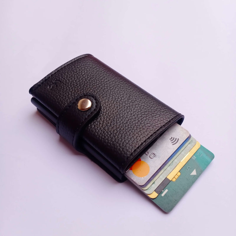 Horizon Pop-Up Leather Card Holder | Black Mild Leather | Strap Closure | Dedicated Cash Pocket | Upto 6 cards in the Holder