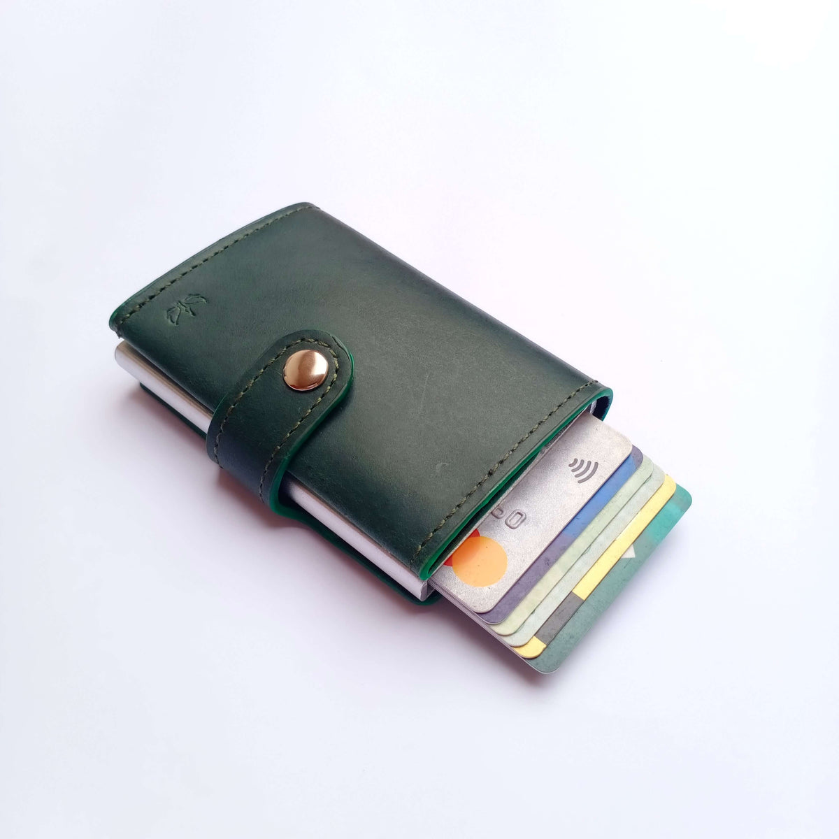 Horizon Pop-Up Leather Card Holder | Green Crazy Horse Leather | Strap Closure | Dedicated Cash Pocket | Upto 6 cards in the Holder